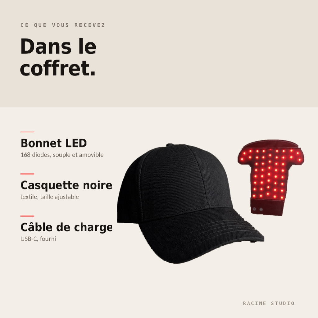 Bonnet de Luminotherapie - Soin Capillaire — 168 LED, 450/660/850 nm, Sans Fil USB-C