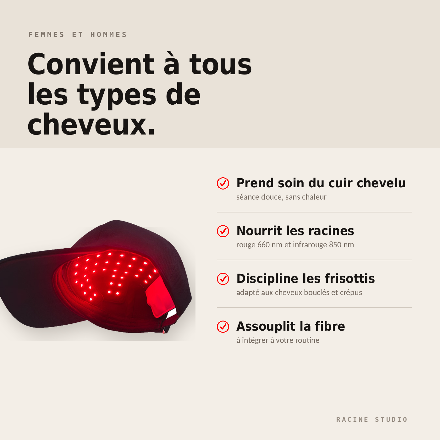 Bonnet de Luminotherapie - Soin Capillaire — 168 LED, 450/660/850 nm, Sans Fil USB-C