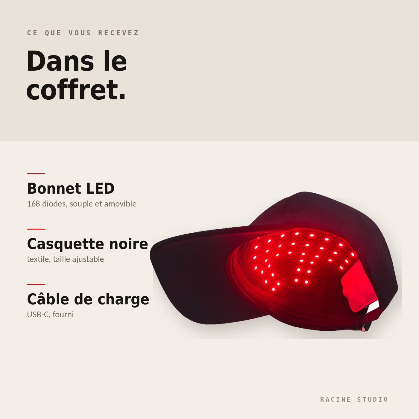 Bonnet de Luminotherapie - Soin Capillaire — 168 LED, 450/660/850 nm, Sans Fil USB-C